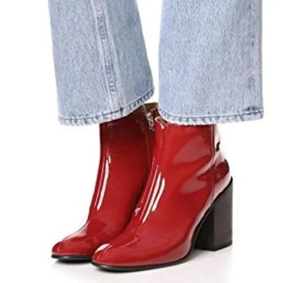 38 / 8 - Acne Studios Red Patent Leather Stacked Heel Ankle Booties Boots 1030SF