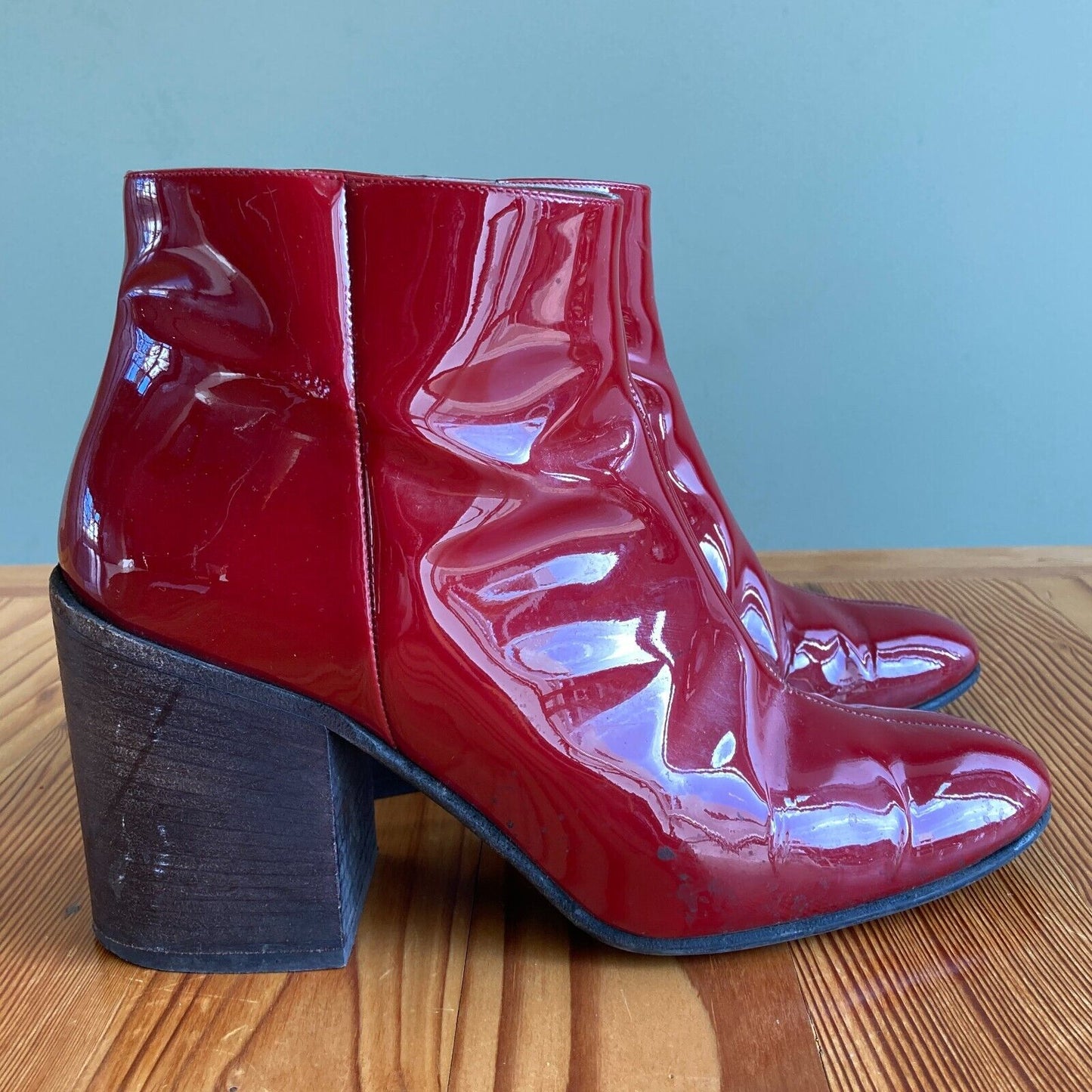 38 / 8 - Acne Studios Red Patent Leather Stacked Heel Ankle Booties Boots 1030SF