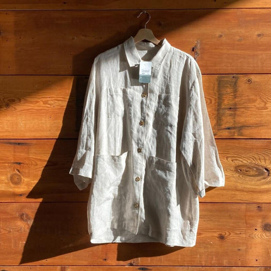 L - Esby Oatmeal 100% Linen Oversized Button Up Short Sleeve Shirt 0815CJ