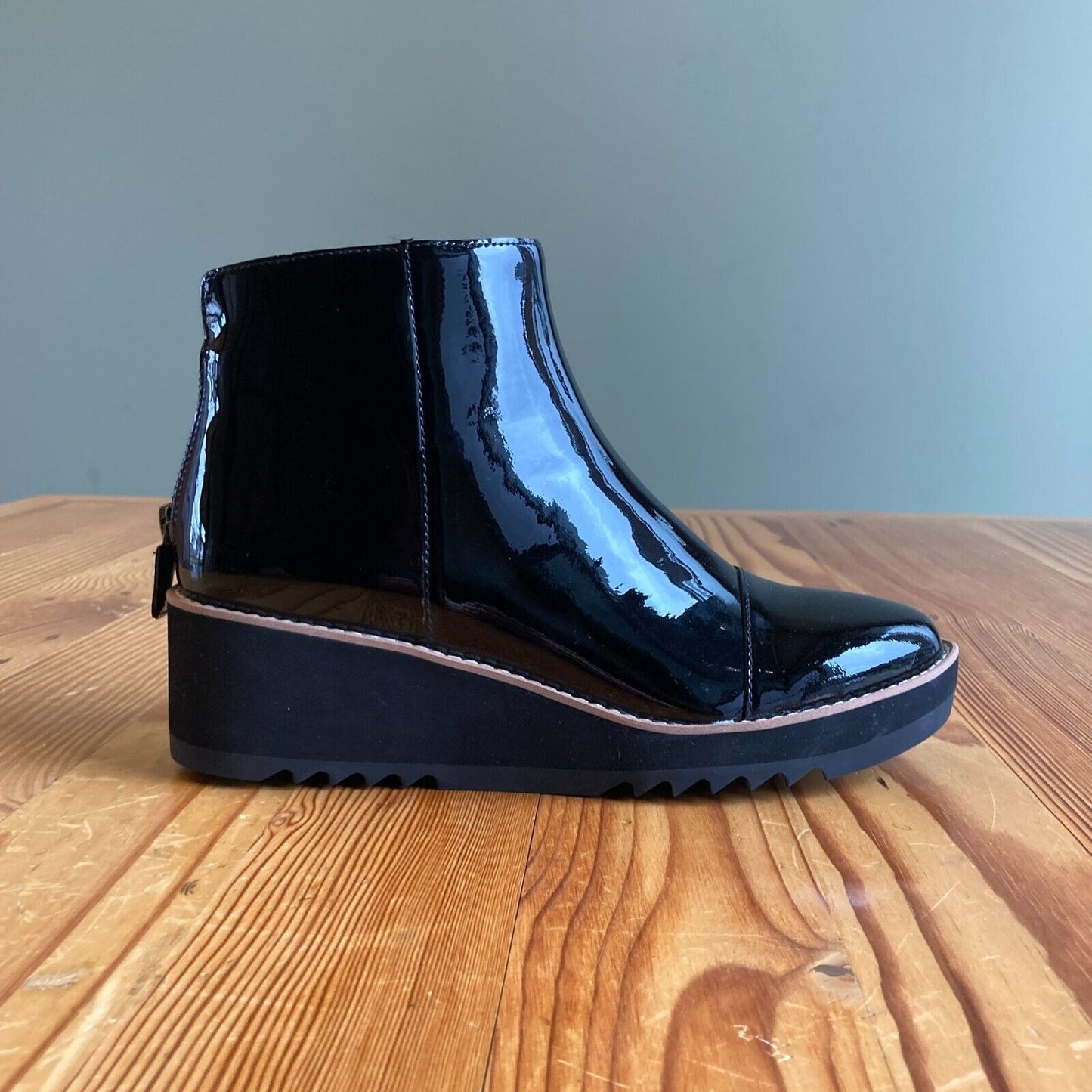 8 - Eileen Fisher $280 Black Patent Leather Loyal Wedge Ankle Boots NEW 4427SC