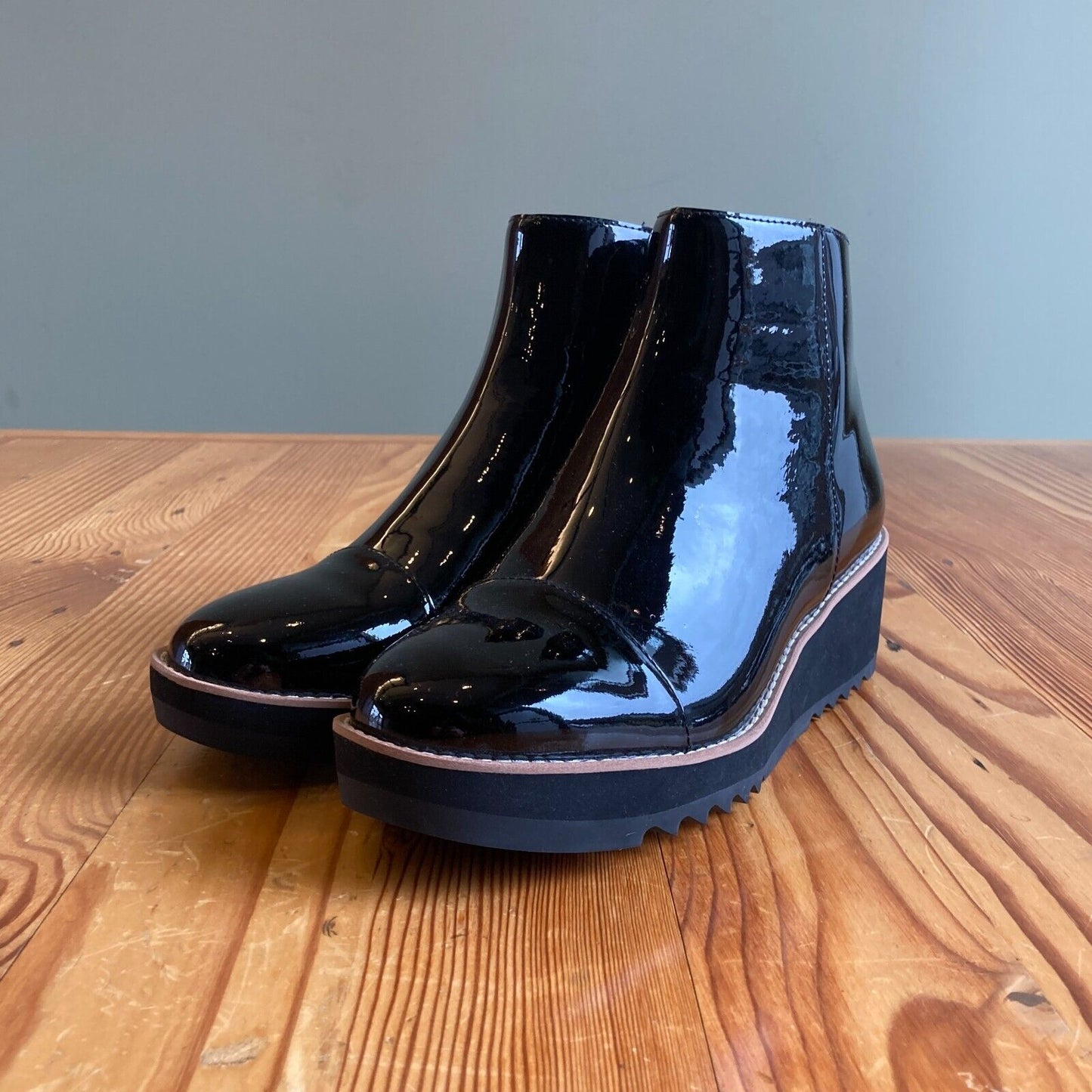 8 - Eileen Fisher $280 Black Patent Leather Loyal Wedge Ankle Boots NEW 4427SC