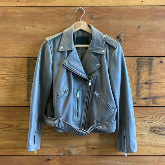 8 US - All Saints $500 Stone Gray Soft Leather Balfern Biker Jacket 0113TS