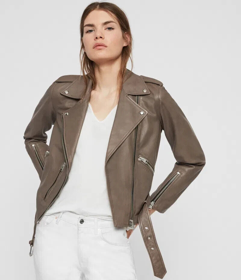 8 US - All Saints $500 Stone Gray Soft Leather Balfern Biker Jacket 0113TS