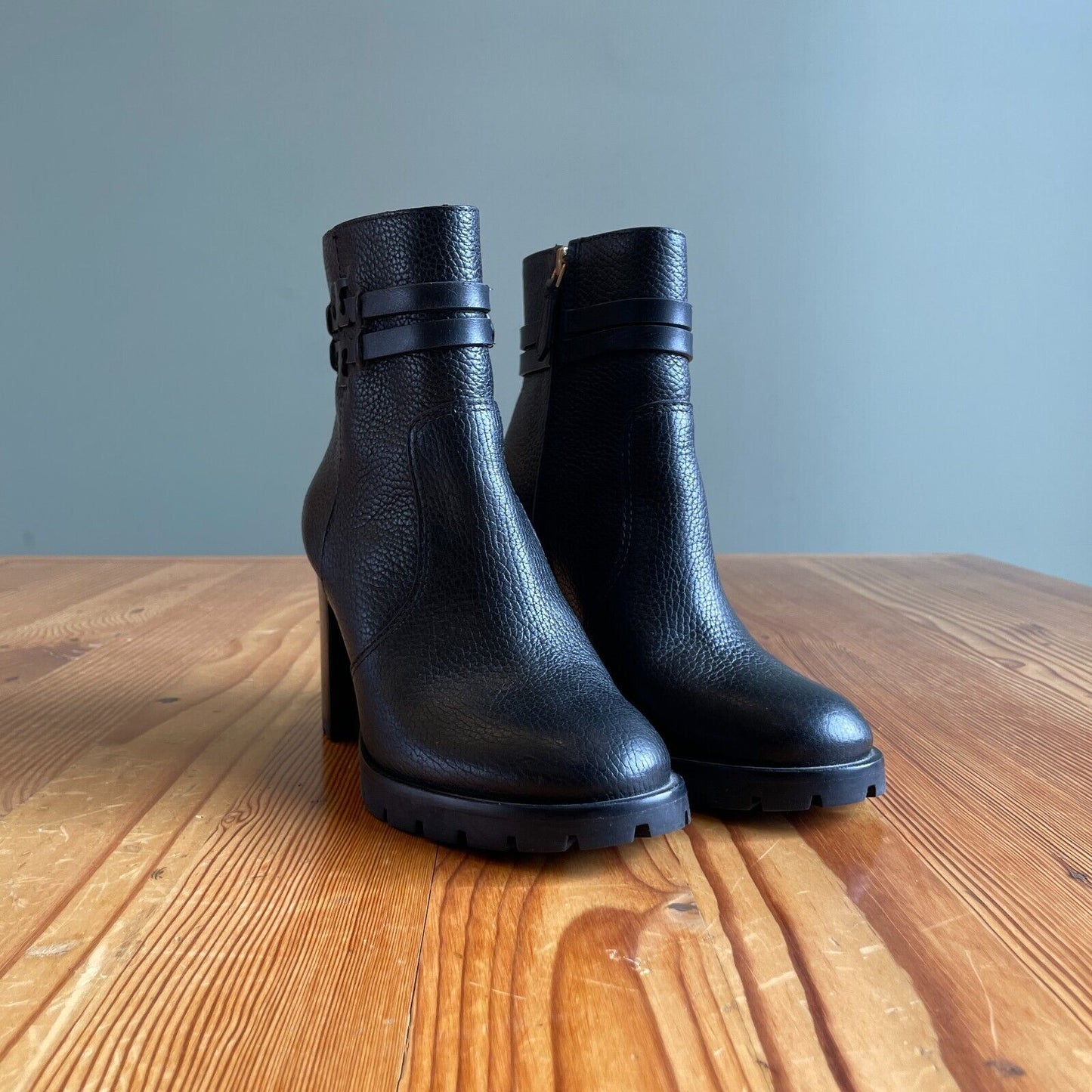 7 - Tory Burch Black Pebbled Leather High Heel Leigh Lug Sole Ankle Boots 1120CB