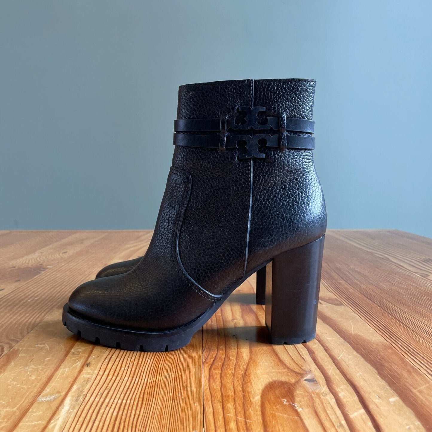 7 - Tory Burch Black Pebbled Leather High Heel Leigh Lug Sole Ankle Boots 1120CB