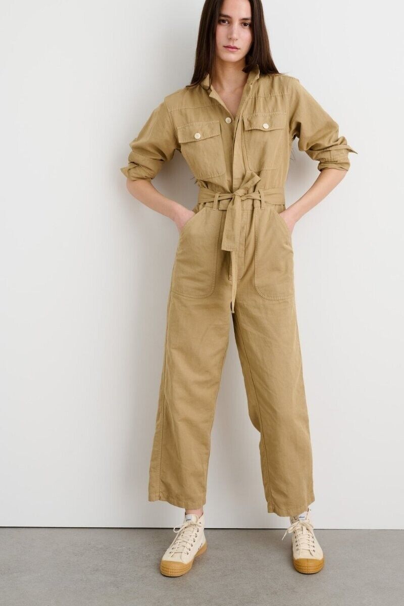 S - Alex Mill Khaki Brown Button Front Belted Long Sleeve MEL Jumpsuit 0124KG