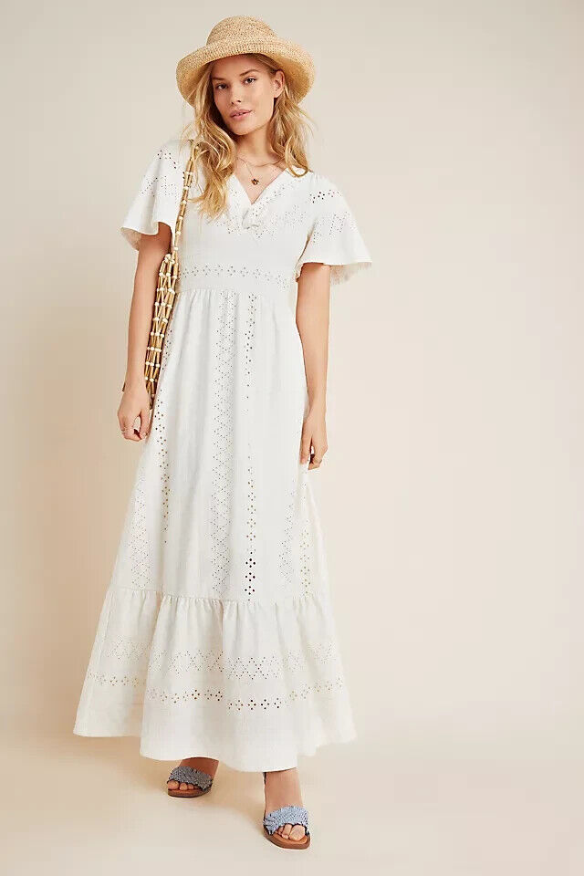 S - Maeve $148 Anthropologie White Eyelet Rochelle Maxi Length Dress 0209DK