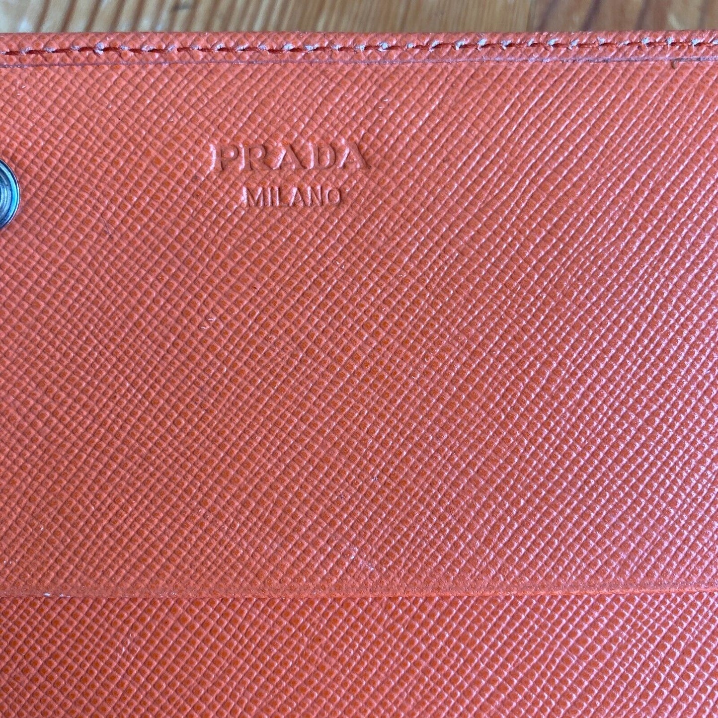 Prada Papaya Pink Saffiano Lux Leather Triangle Continental Flap Wallet 0322AS