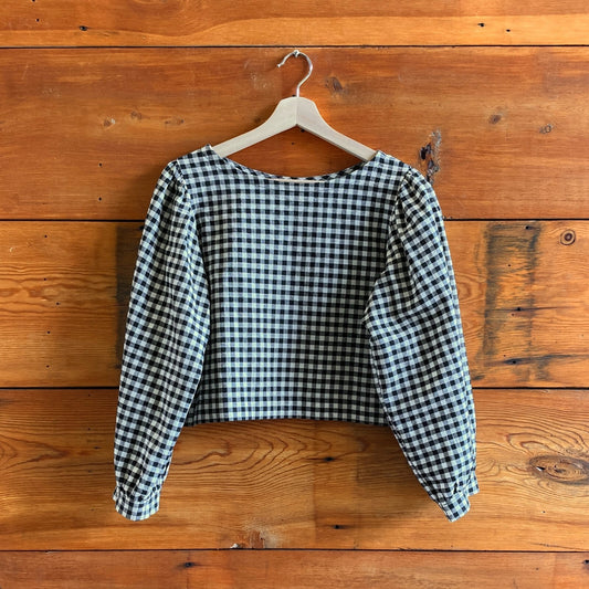 S - Shelter Black White Gingham Plaid Puff Sleeve Boxy Cropped Shirt Top 1211ES