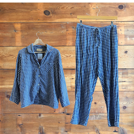 S - Papinelle Navy White Seersucker Gingham Full Length PJ Pajama Set 0807OS
