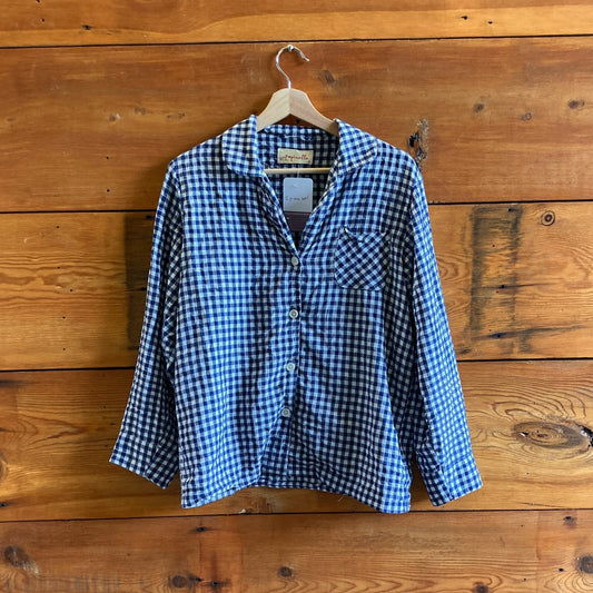 S - Papinelle Navy White Seersucker Gingham Full Length PJ Pajama Set 0807OS