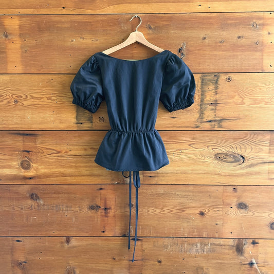 S - Staud Black Puff Short Sleeve Open Corset Back Cotton Blend Top 0323AB