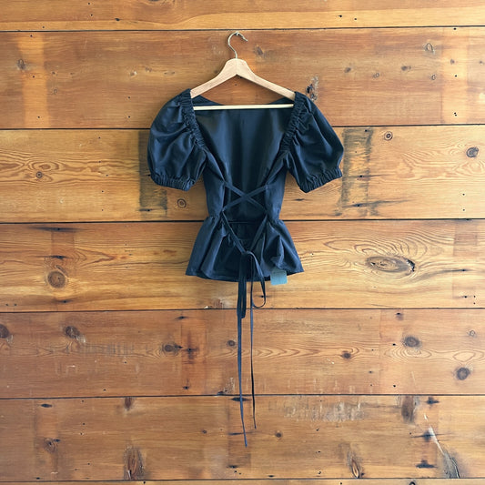 S - Staud Black Puff Short Sleeve Open Corset Back Cotton Blend Top 0323AB