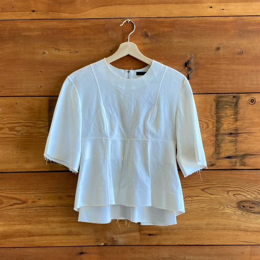 S - Alexander Wang White Textured Short Sleeve Raw Edges Peplum Top 0706AV