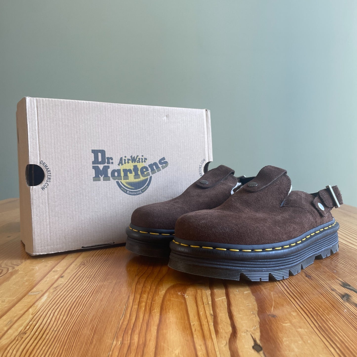 8 - Dr Martens $130 Brown Suede Zebzag Platform Mules Shoes NEW w/ Box 0425SV