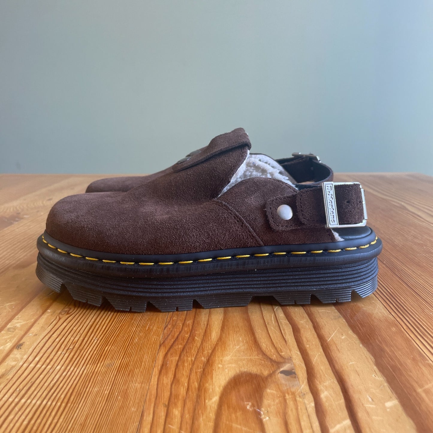 8 - Dr Martens $130 Brown Suede Zebzag Platform Mules Shoes NEW w/ Box 0425SV