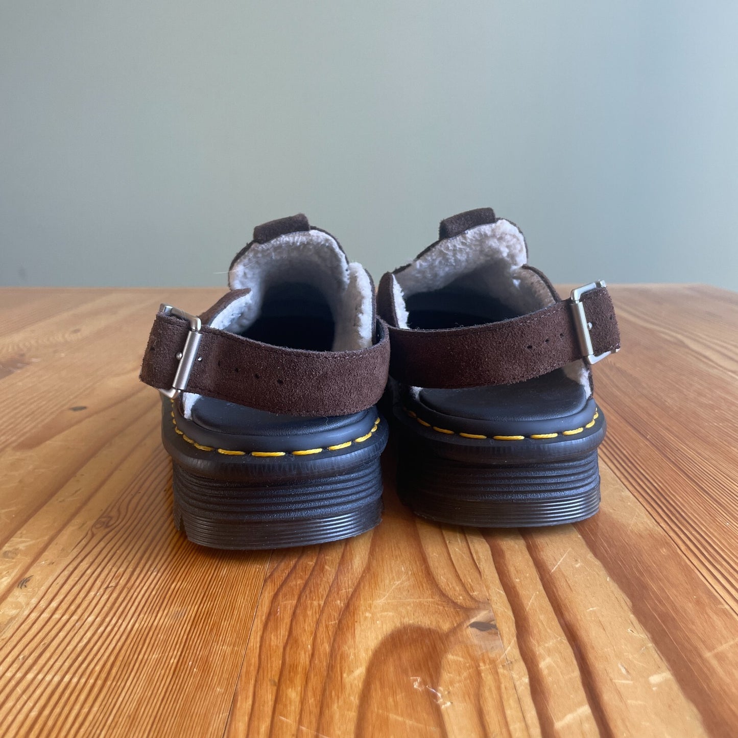 8 - Dr Martens $130 Brown Suede Zebzag Platform Mules Shoes NEW w/ Box 0425SV