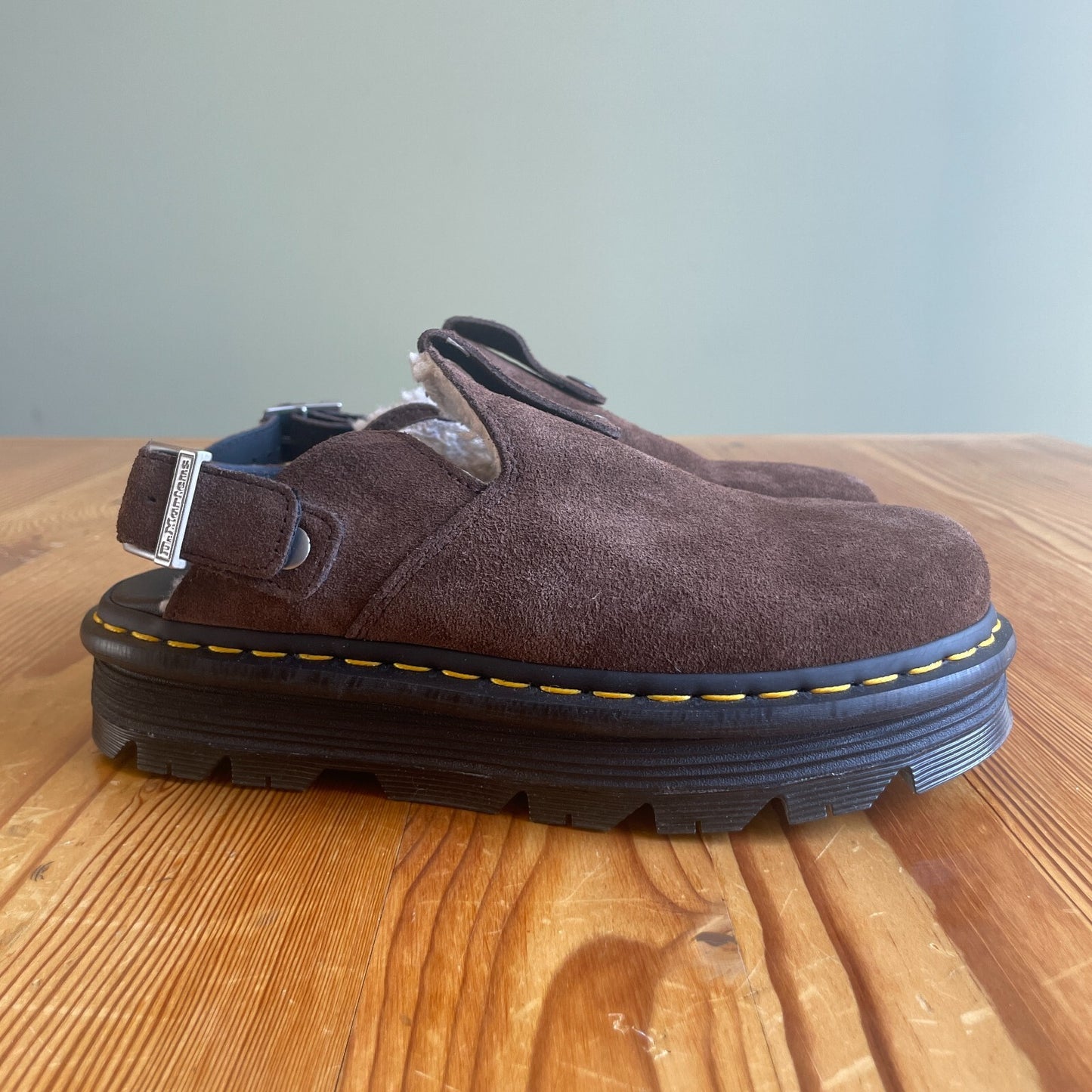 8 - Dr Martens $130 Brown Suede Zebzag Platform Mules Shoes NEW w/ Box 0425SV