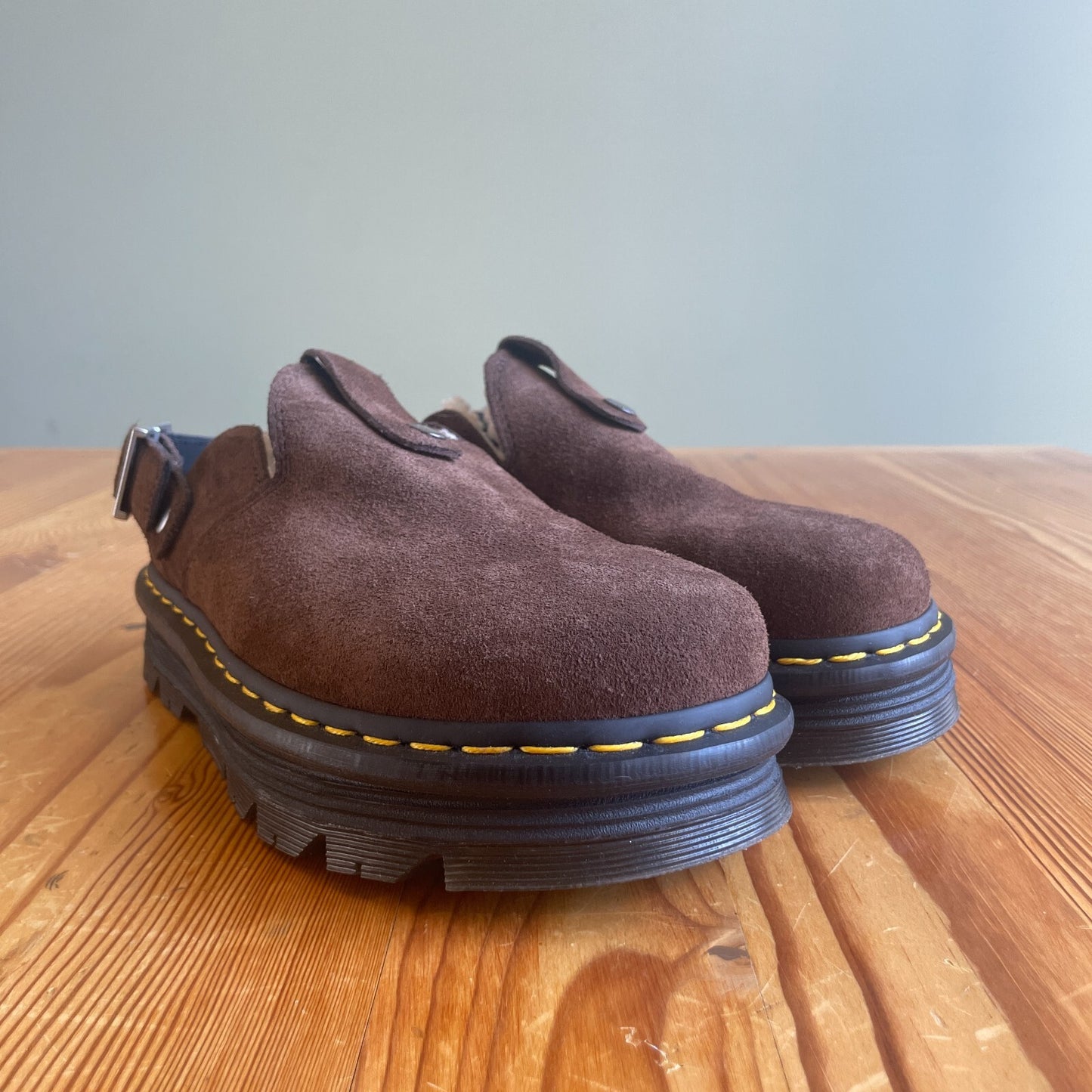 8 - Dr Martens $130 Brown Suede Zebzag Platform Mules Shoes NEW w/ Box 0425SV