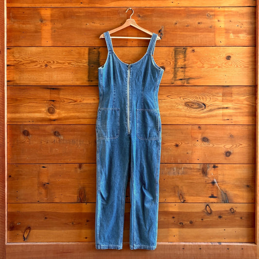 L - Atwyld Vandace Denim Patch Pockets Zipper Front Jumpsuit Overalls 0401LC