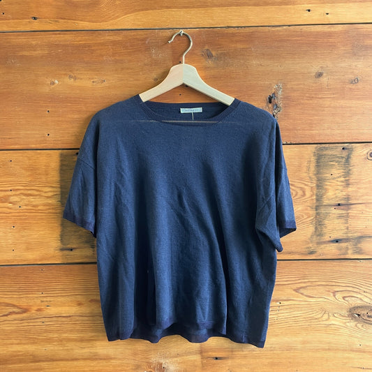 40 - Rosso35 Dark Blue Short Sleeve Semi Sheer Line Boxy Fit Shirt Top 4427SC