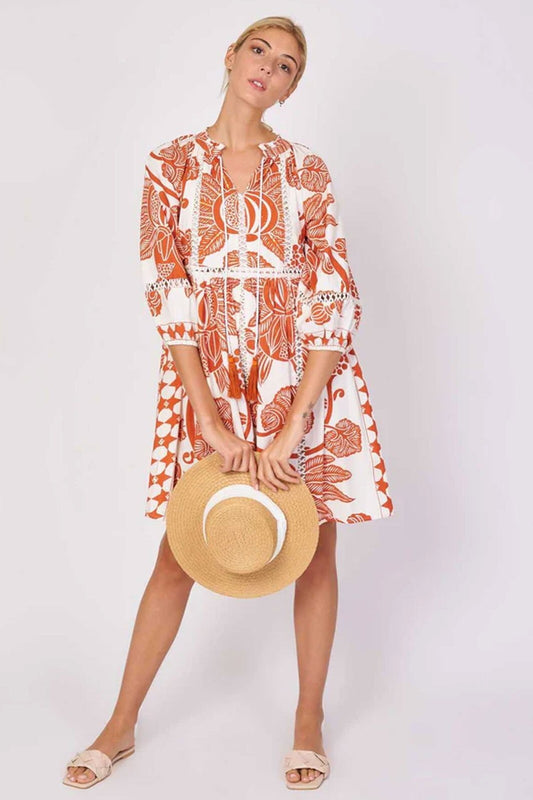 M - Derhy NEW Rust Red White Printed Cotton Coucou 3/4 Sleeve Dress 4427SC