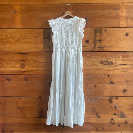 XS - by Anthropologie White Smocked Ruffled Trim Sleeveless Maxi Dress 0703SC
