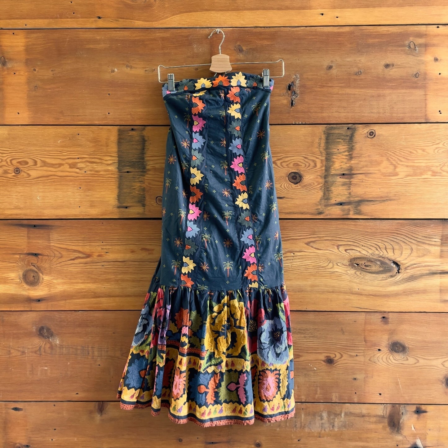 XXS Petite - Farm Rio $260 Navy Blue Floral Strapless Midi Length Dress 0206SB