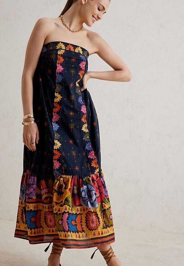 XXS Petite - Farm Rio $260 Navy Blue Floral Strapless Midi Length Dress 0206SB