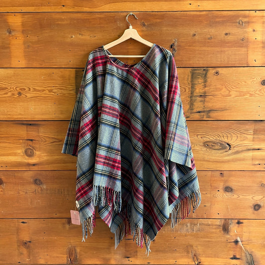 Pendleton Gray Red Plaid Fringe Trim Unisex Wool Blanket Poncho 0401MC
