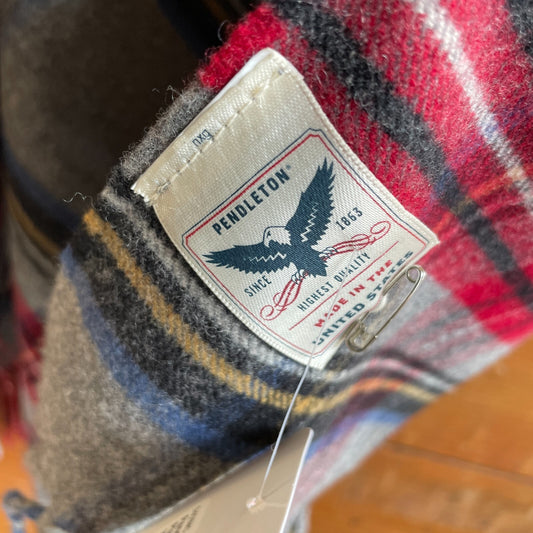 Pendleton Gray Red Plaid Fringe Trim Unisex Wool Blanket Poncho 0401MC