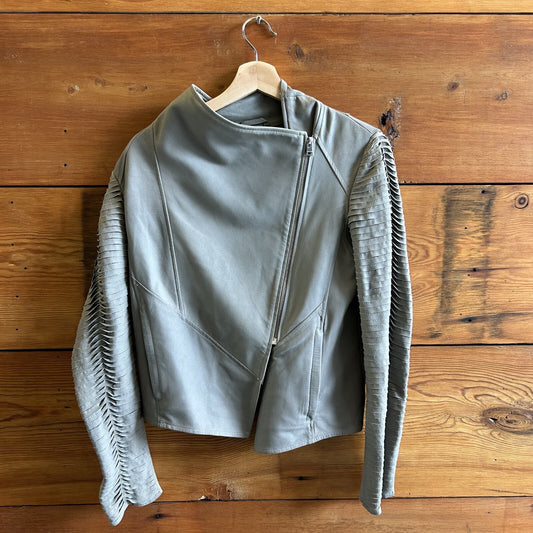 S - Lamarque Ash Grey $625 Azra Leather Textured Sleeve Moto Jacket 1129CG