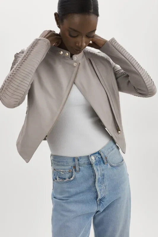 S - Lamarque Ash Grey $625 Azra Leather Textured Sleeve Moto Jacket 1129CG