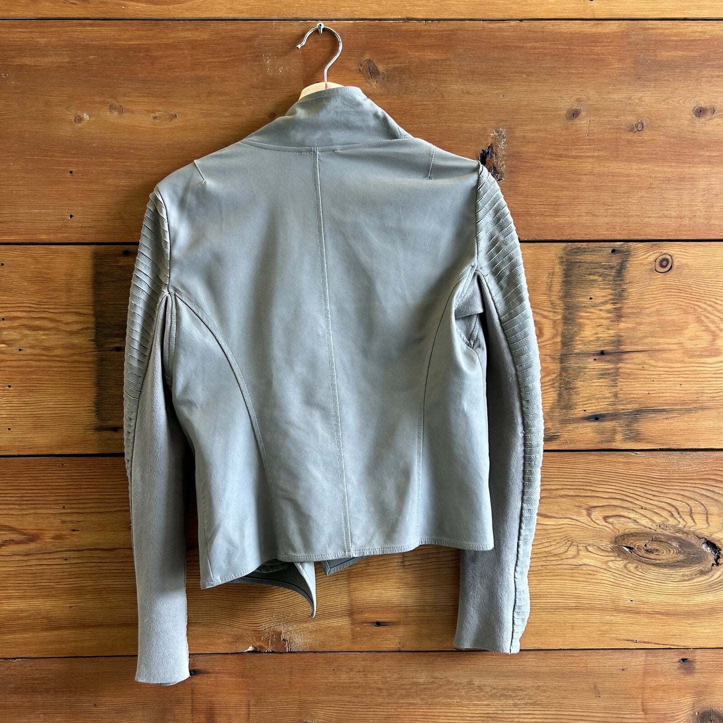 S - Lamarque Ash Grey $625 Azra Leather Textured Sleeve Moto Jacket 1129CG