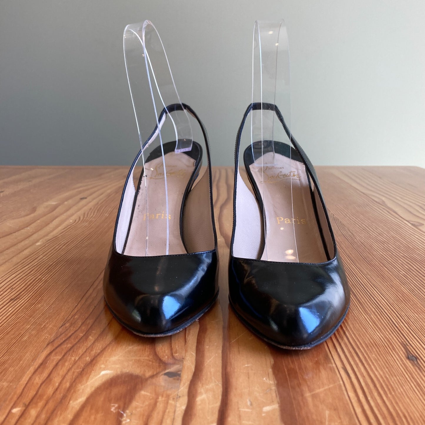 38 / 7.5- Christian Louboutin Black Hi Gloss Leather 90mm Slingback Heels 0702AS