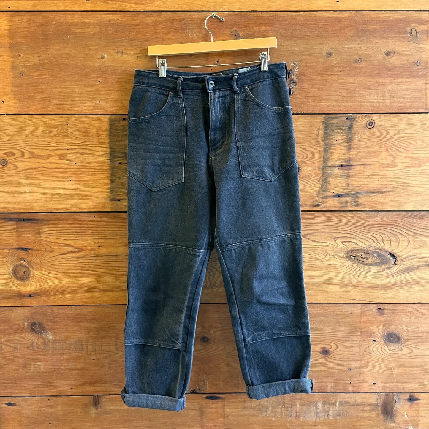 32 - Gamine Black Workwear Dungarees Selvedge Double Knee High Rise Jeans 0413BG