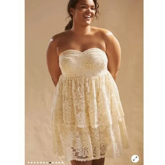 M - Maeve $190 Ivory White Strapless Tiered Lace Mini Dress NEW 0628AC