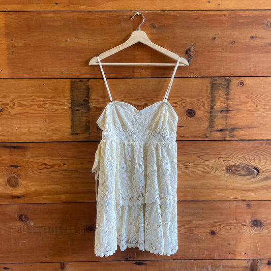 M - Maeve $190 Ivory White Strapless Tiered Lace Mini Dress NEW 0628AC