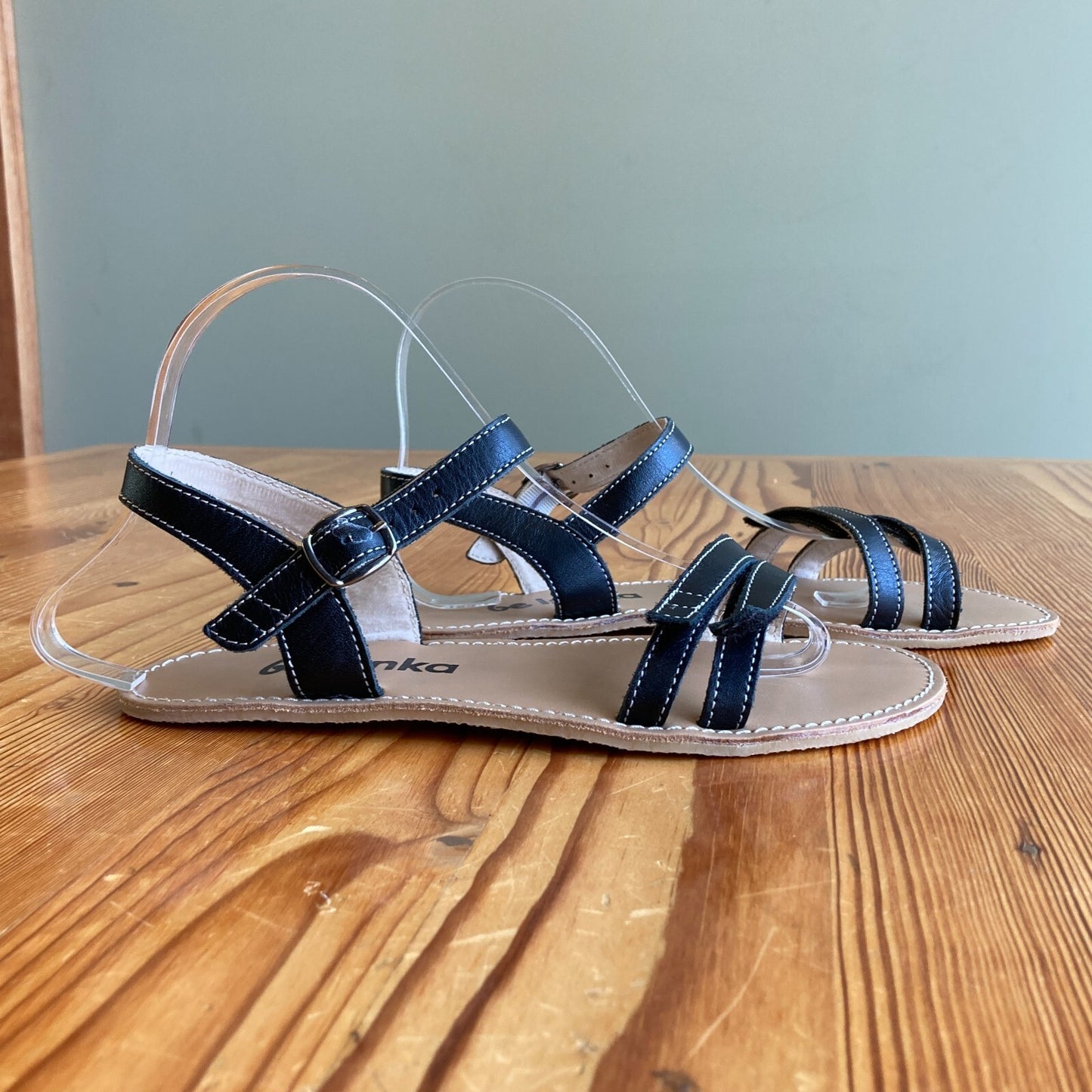38 / 8 - Be Lenka Black Leather Barefoot Flexi Minimalist Flat Sandals 0706MG