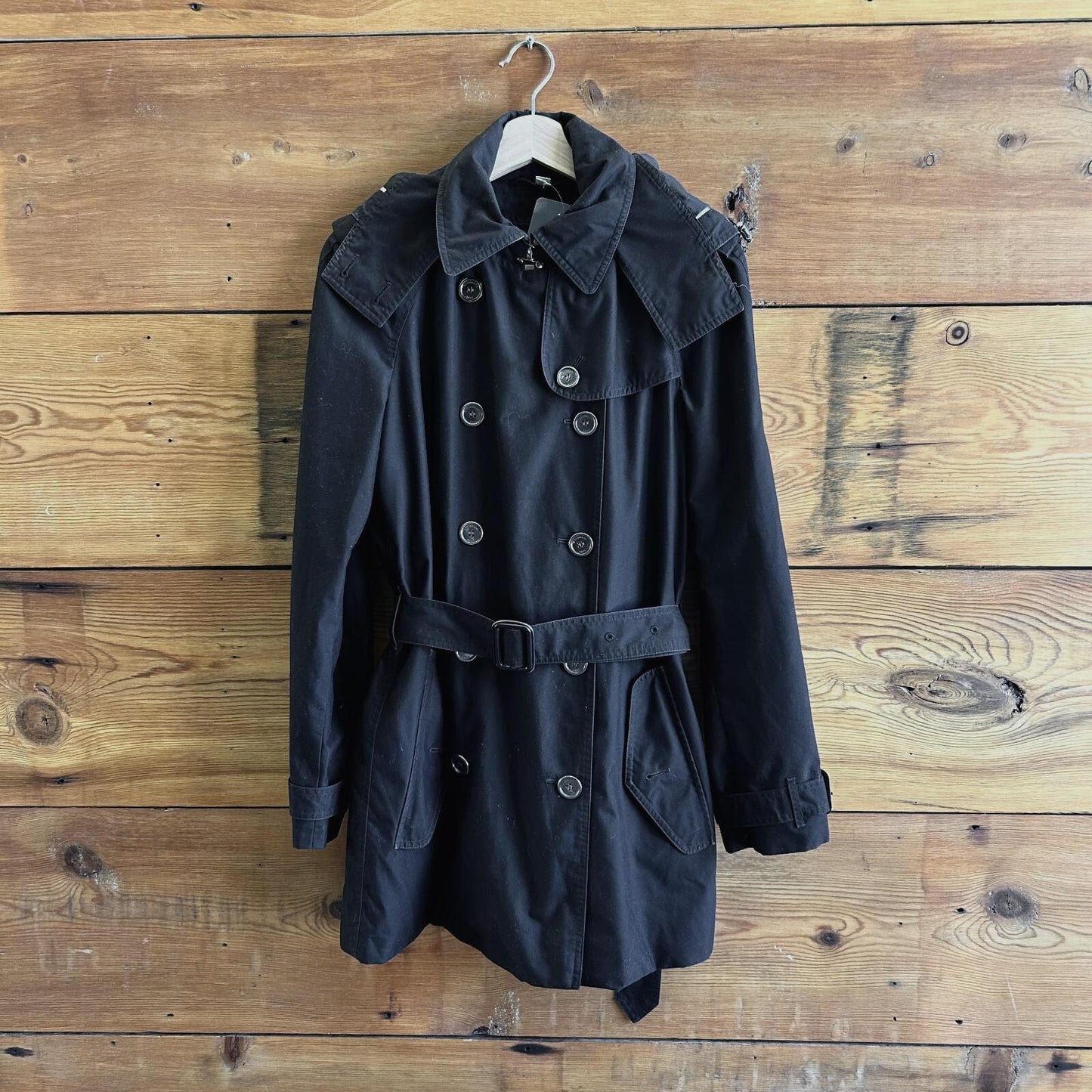 10 US - Burberry Brit Balmore Black Belted Coat Jacket w/ Hood & Liner 0507GG