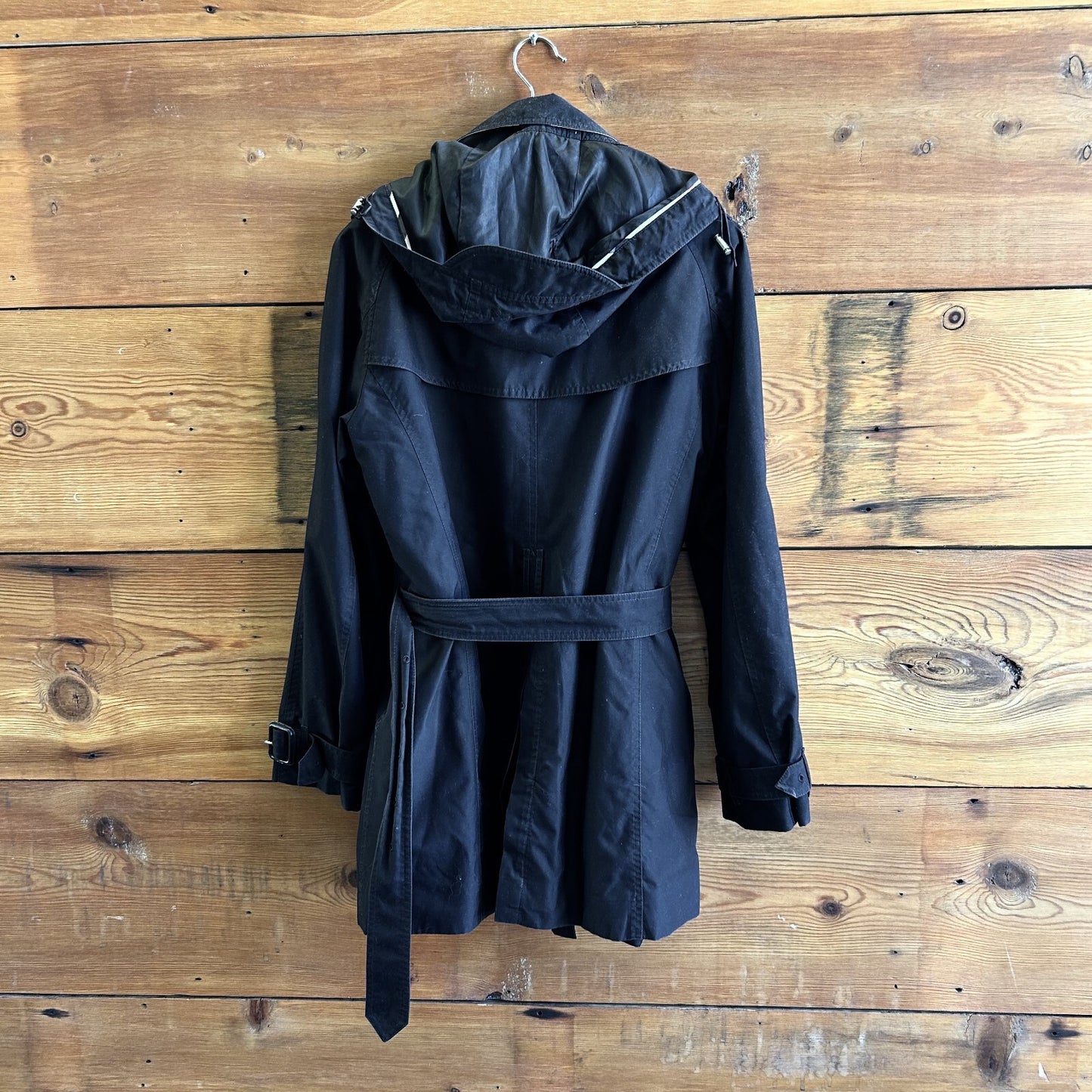 10 US - Burberry Brit Balmore Black Belted Coat Jacket w/ Hood & Liner 0507GG