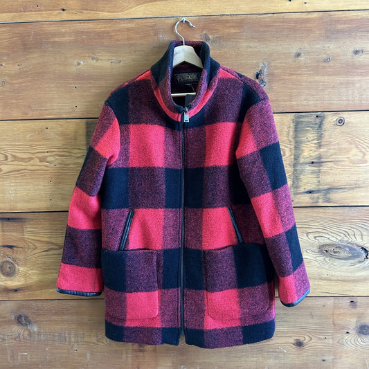 S - Pendleton Red Black Buffalo Check Wool Womens Topper Coat 0507GG