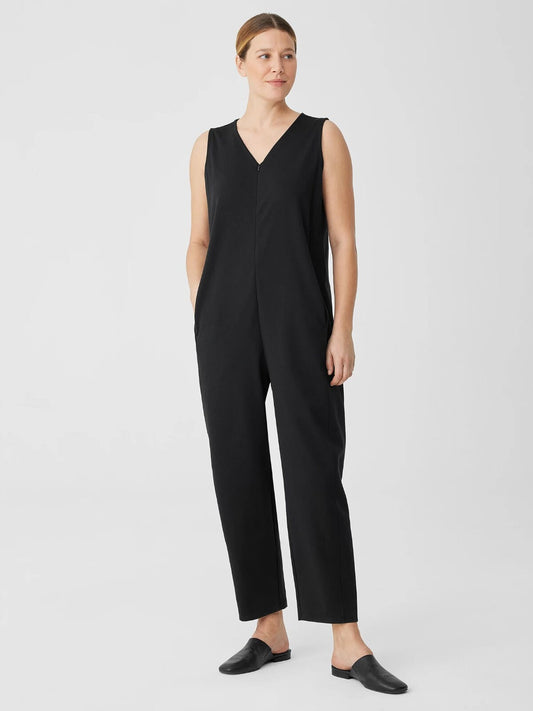 S - Eileen Fisher Black Sleeveless Zip Front Ponte Lantern Jumpsuit 0802SS