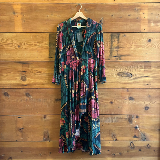 L - Farm Rio Black Floral Patterned Deep V Neck Maxi Length Dress 0303LG