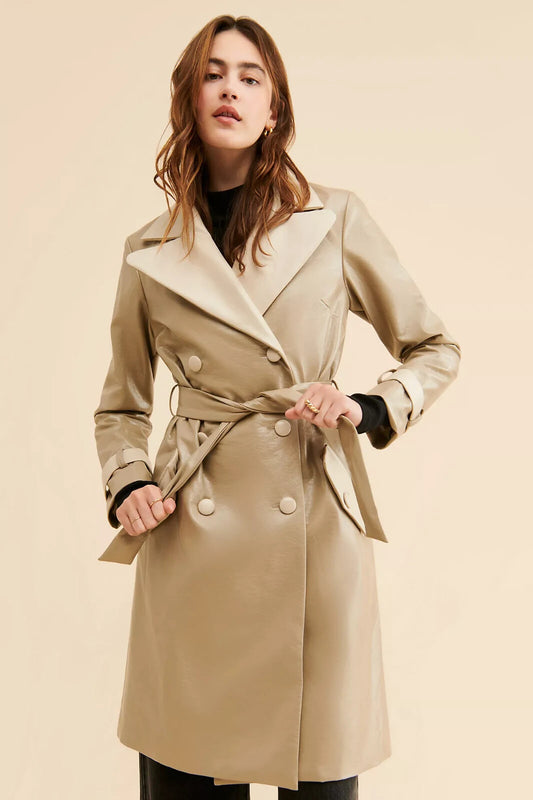 XS - Hutch $250 Anthropologie Beige Colorblock Vegan Leather Trench Coat 0206SB