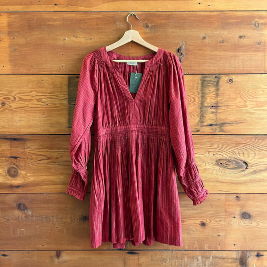 6 - Ulla Johnson Red Cotton & Gold Lurex Long Sleeve Fit & Flare Dress 0103RU