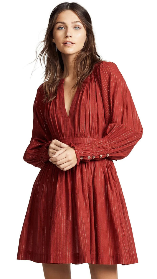 6 - Ulla Johnson Red Cotton & Gold Lurex Long Sleeve Fit & Flare Dress 0103RU