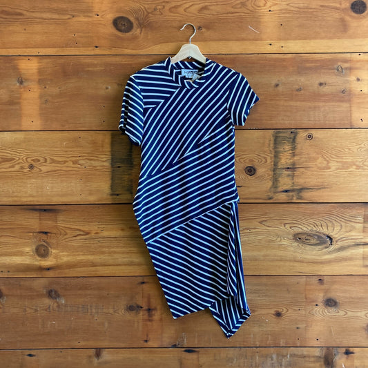 XS - Monse $790 Navy & White Striped Short Sleeve Asymmetric Dress NEW 0527DB