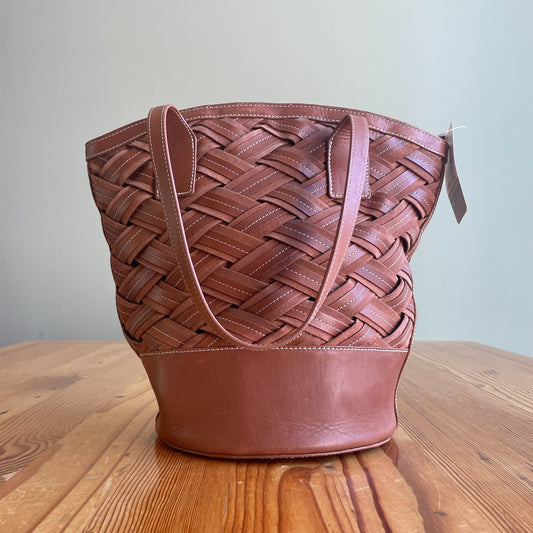 Boden $198 Brown Leather Woven 2025 Tote Bucket Bag Purse 0212CG