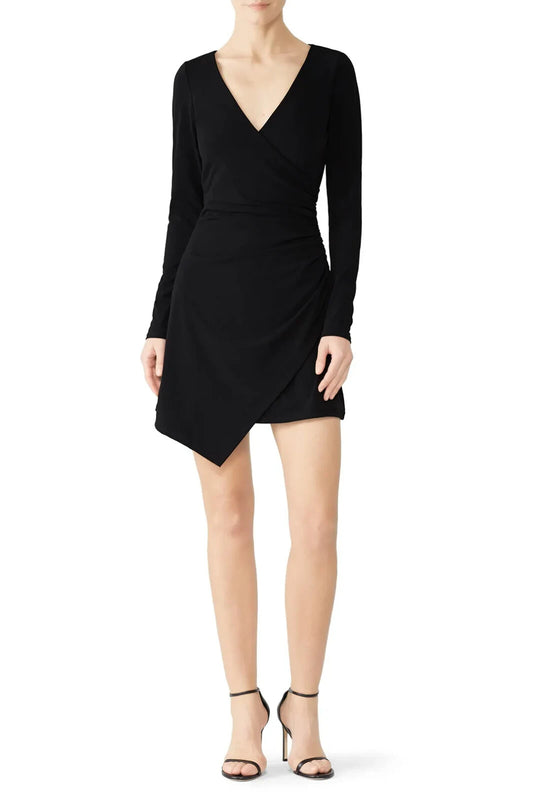 XS - Cinq a Sept $345 Black Asymmetric Ruched Mini Coralie Dress NEW 0527DB